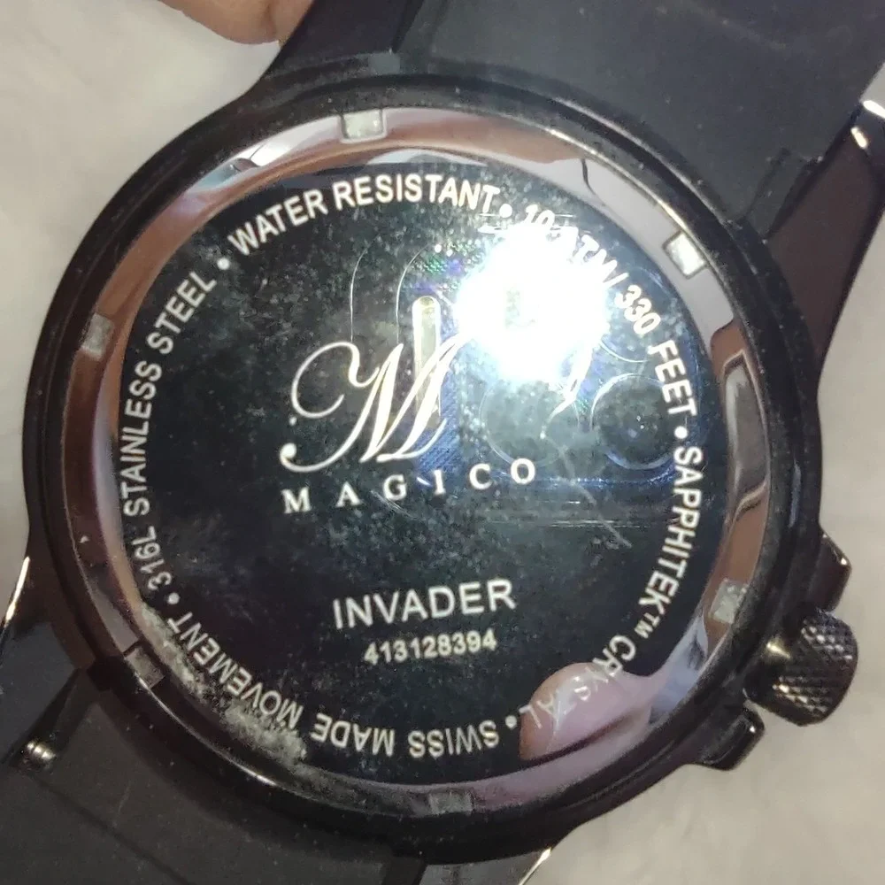 Magico Invader Mens Watch Silver Dial Swiss Made Black Silicone 413128394 100M